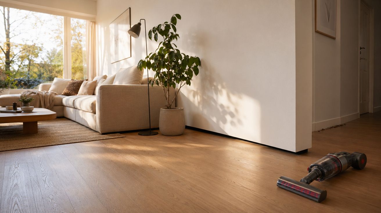 Sala de estar moderna com sofá bege, planta em vaso, candeeiro de pé e aspirador sem fios no chão.