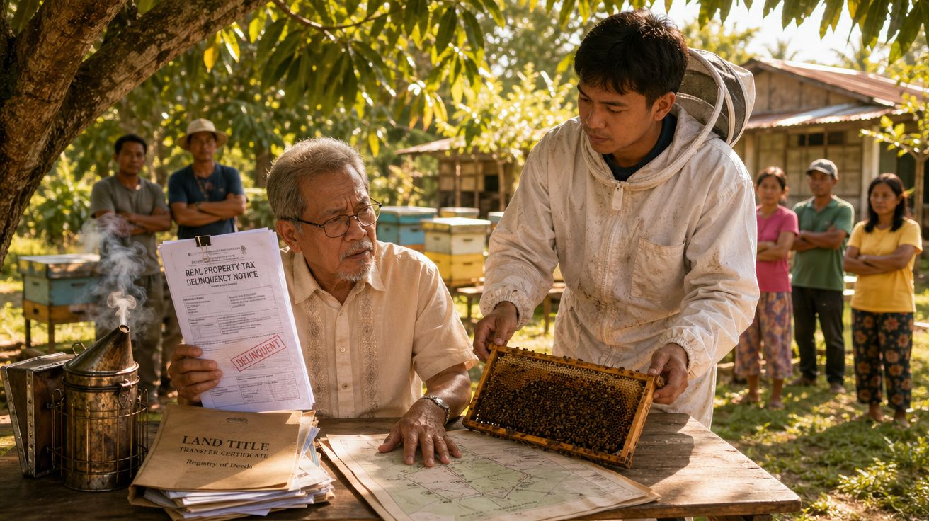 Homem mais velho com documentos conversa com apicultor jovem mostrando colmeia numa mesa ao ar livre.