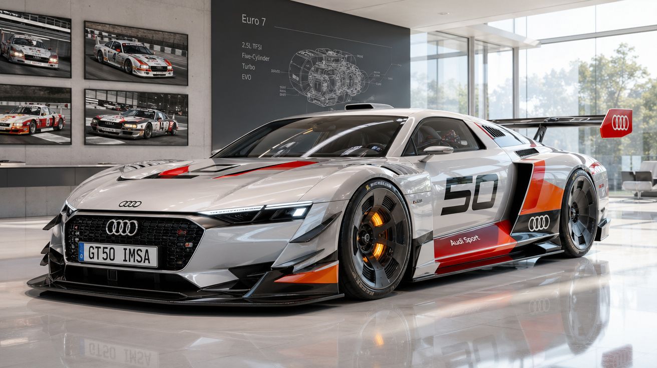 Carro de corrida Audi GT50 prata com detalhes em vermelho e preto numa garagem moderna iluminada.