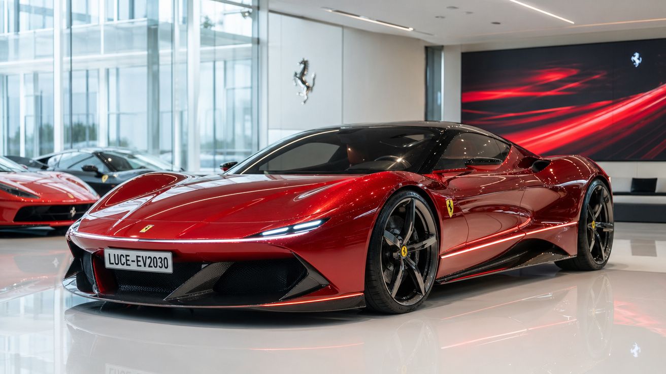 Carro desportivo Ferrari vermelho brilhante estacionado em garagem moderna com vidro e decoração minimalista.