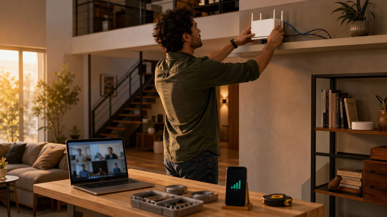 Homem a ajustar router numa prateleira com computador e telemóvel a mostrar sinal Wi-Fi no ambiente de casa.