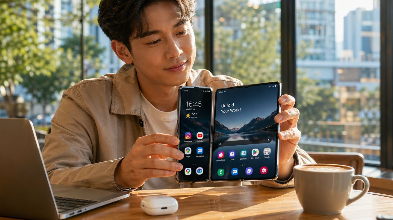 Homem mostra smartphone dobrável aberto com aplicações, sentado numa mesa com computador portátil e chávena.
