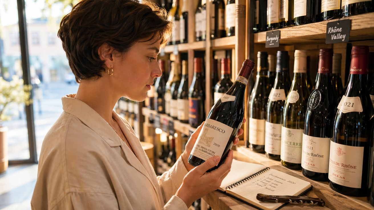 Mulher a examinar garrafa de vinho numa adega com várias garrafas expostas em prateleiras de madeira.