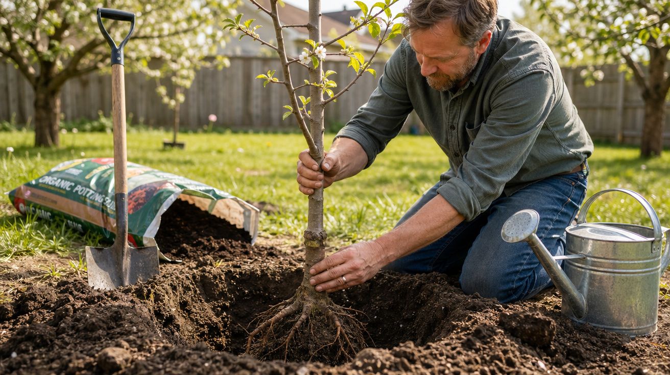 Homem a plantar uma árvore num jardim com enxada, regador e saco de terra fertilizada.