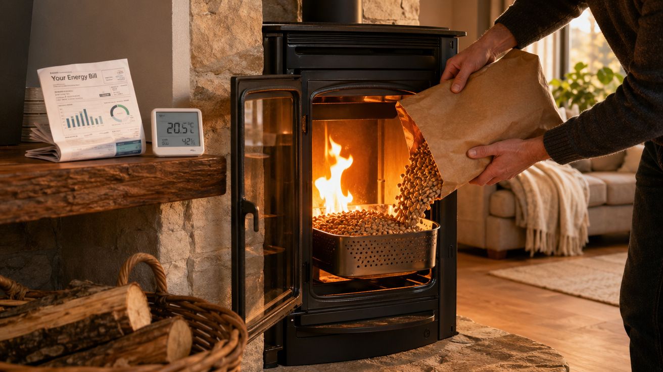 Pessoa a colocar pellets numa salamandra acesa numa sala acolhedora com lareira de pedra.