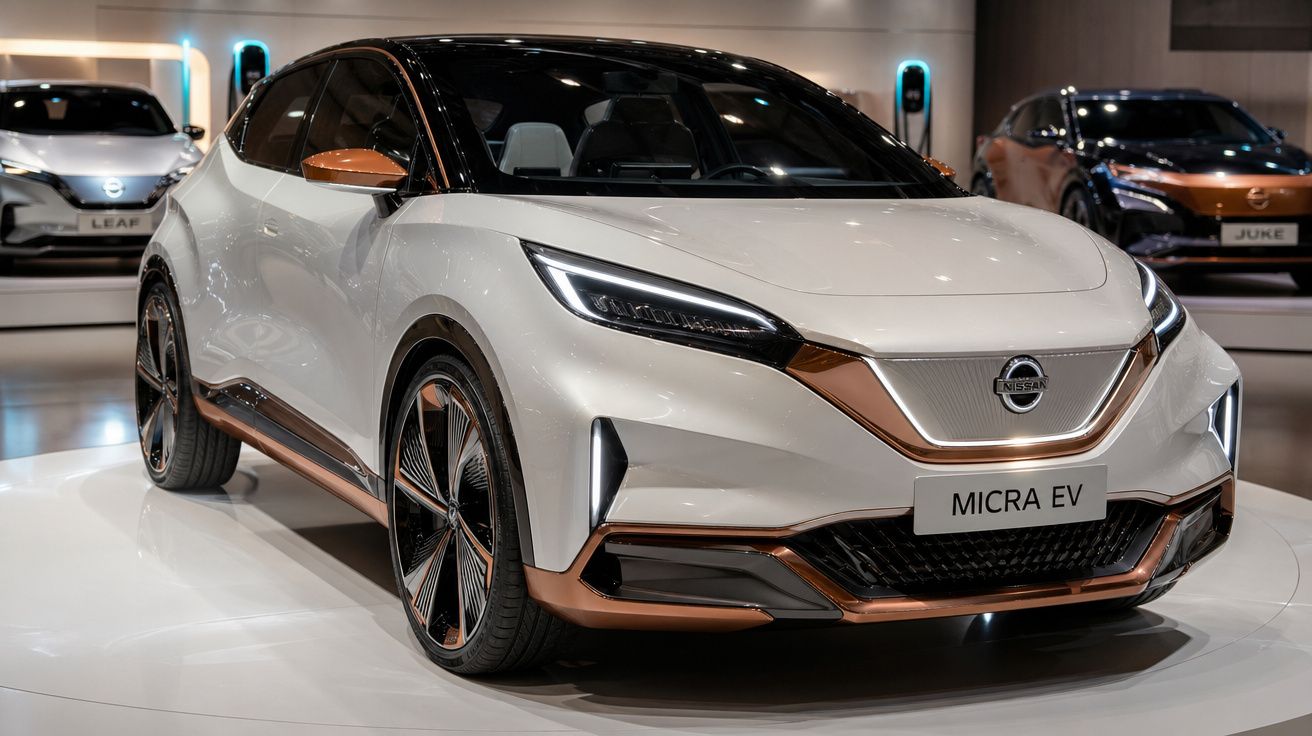 Carro elétrico Nissan Micra EV branco e cobre em exposição num salão automóvel moderno