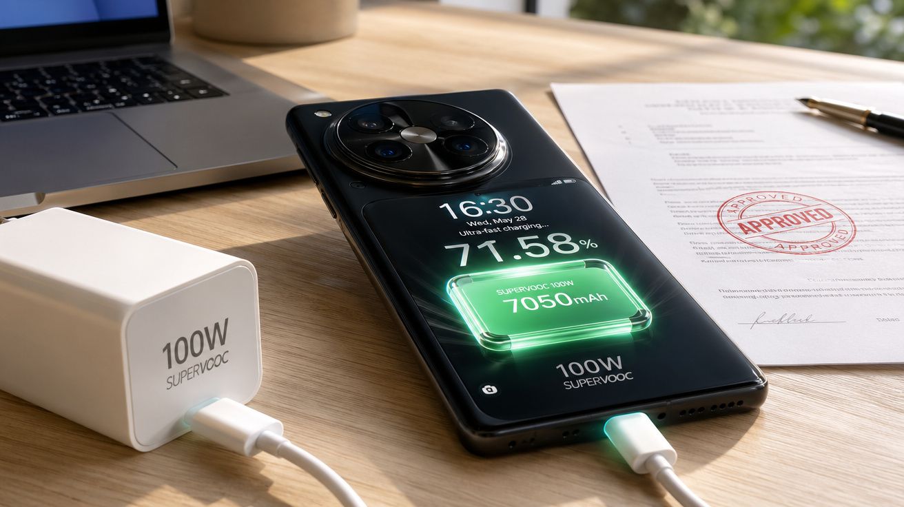 Smartphone negro a carregar com carregador rápido de 100W numa secretária com computador portátil e documento aprovado.