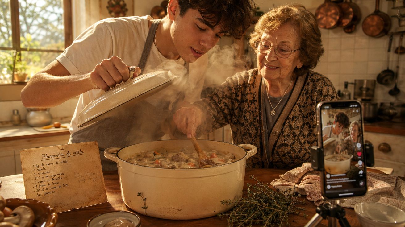 Jovem e idosa cozinham juntos uma receita antiga na cozinha enquanto gravam vídeo com telemóvel.