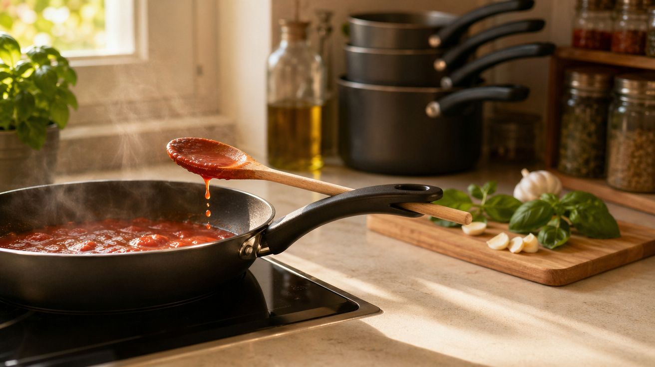 Frigideira com molho de tomate a cozinhar num fogão, com colher de pau e ingredientes frescos na bancada.