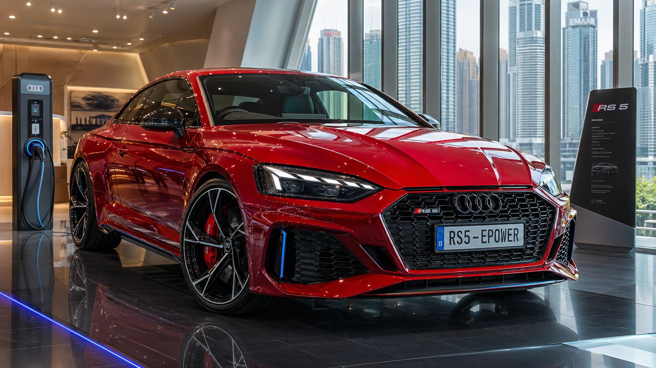 Carro desportivo Audi RS5 vermelho exposto num showroom com vista urbana moderna em fundo.