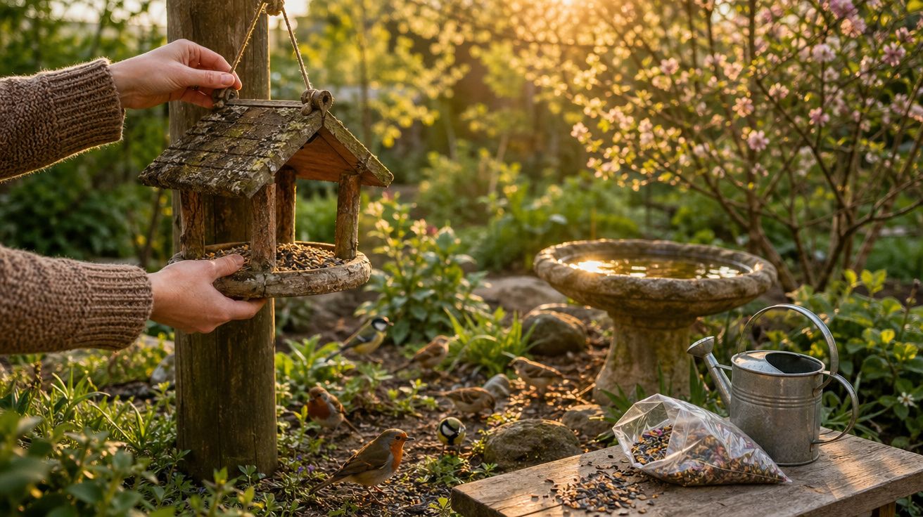 Pessoa a pendurar comedouro para pássaros num jardim ao entardecer, com sementes e regador sobre mesa.