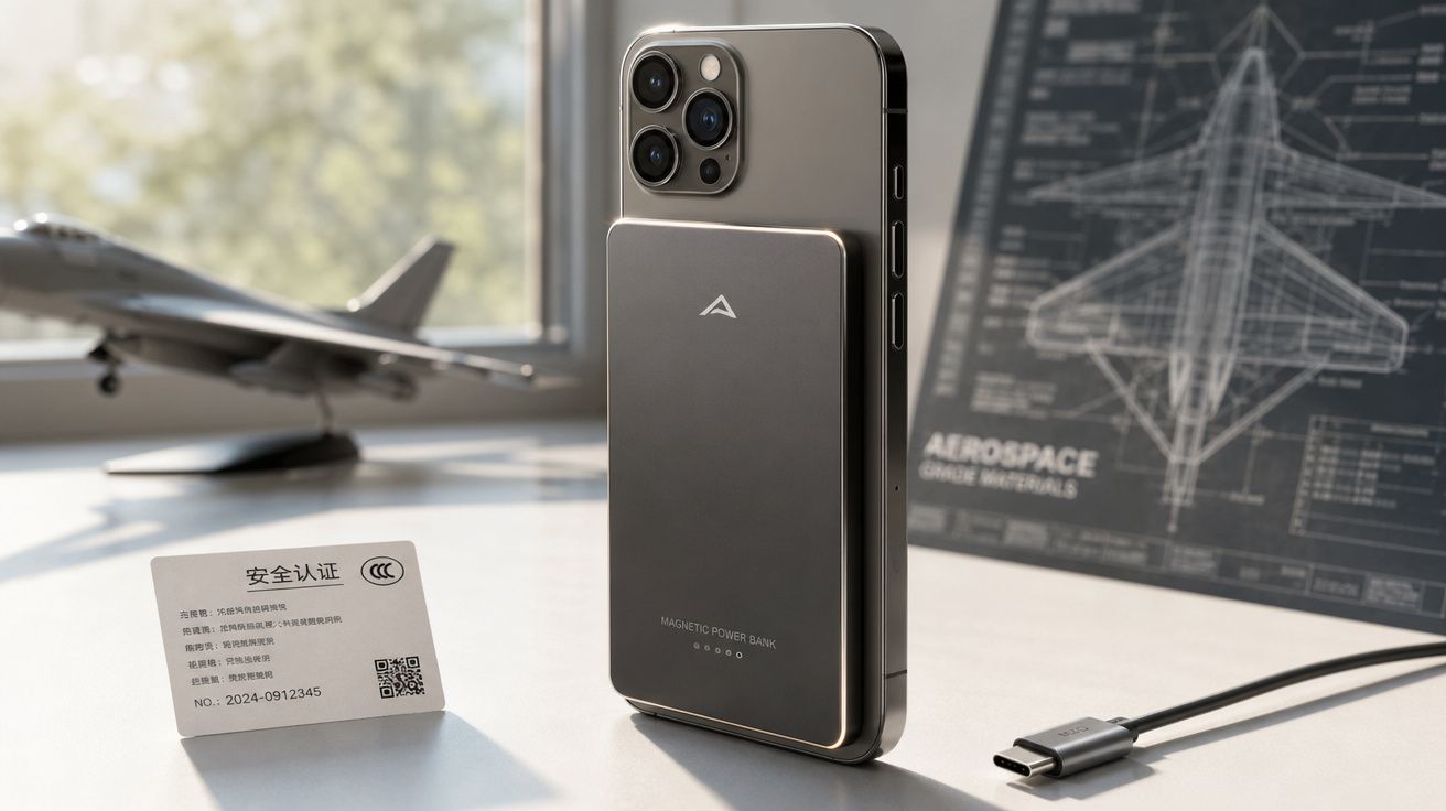 Carregador portátil magnético preso a smartphone junto a cabo USB-C e maqueta de avião na mesa.
