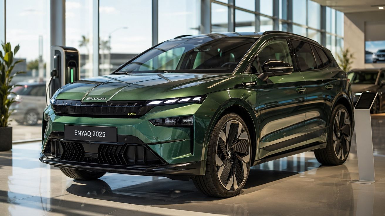 Carro elétrico Škoda Enyaq 2025 verde em exposição numa loja com carregador ao fundo.