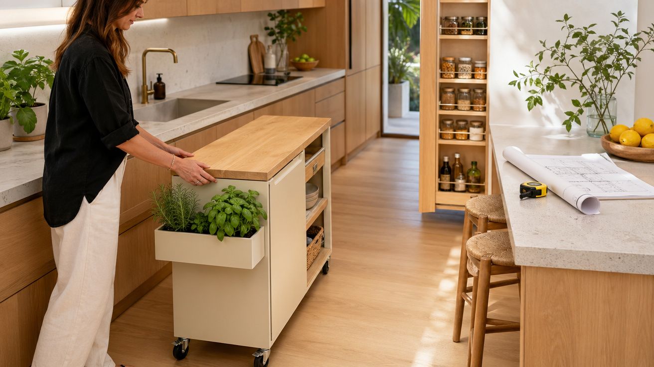 Mulher move carrinho de cozinha com plantas aromáticas numa cozinha moderna com armários de madeira.