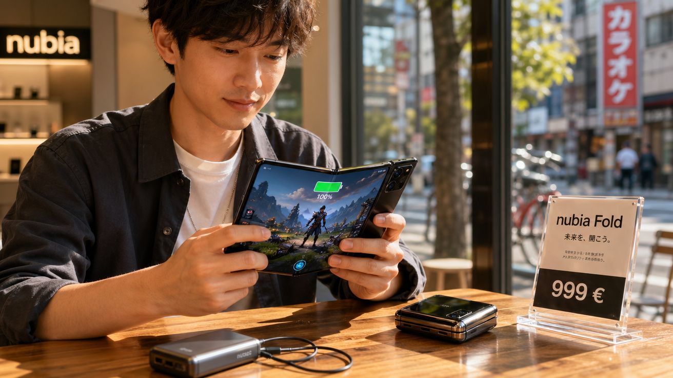 Homem a jogar num smartphone dobrável Nubia Fold num café, com preço de 999€ visível na mesa.