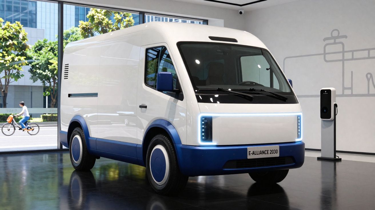 Carrinha elétrica branca e azul estacionada em espaço interior moderno, com coluna de carregamento ao lado.