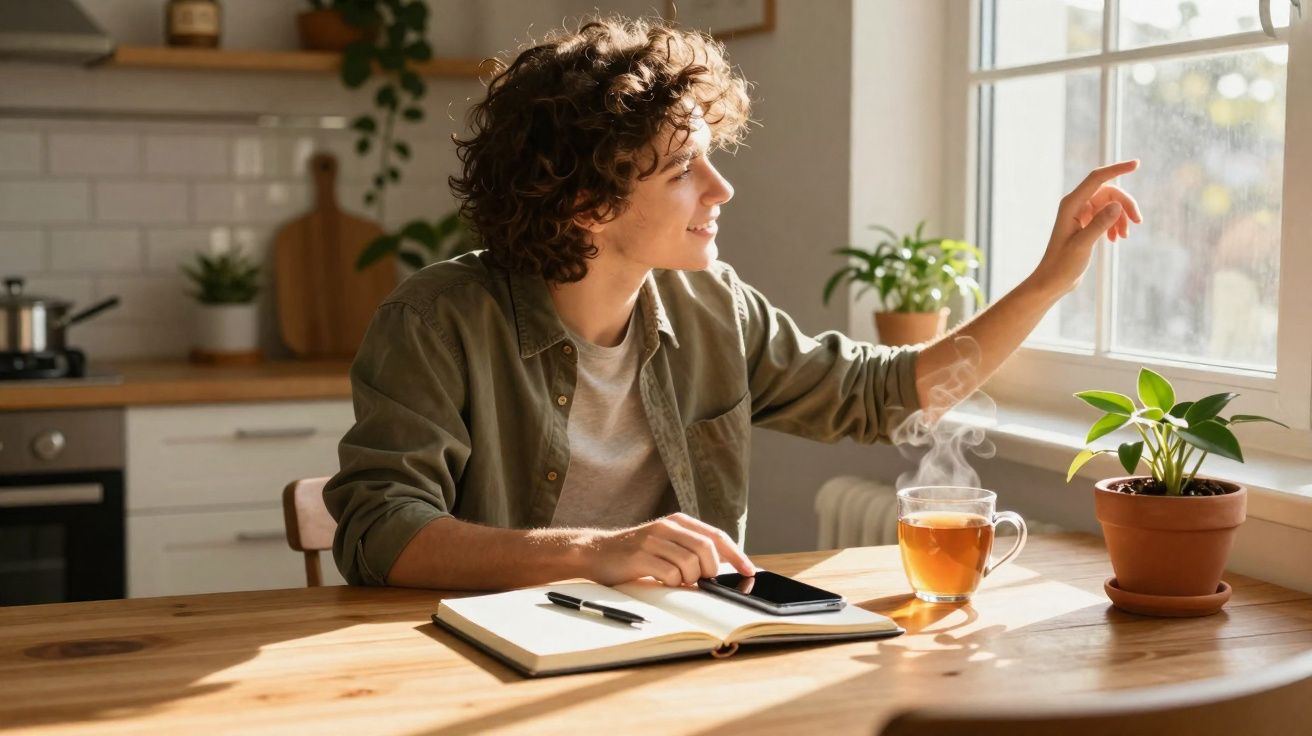 Pessoa sorridente sentada à mesa com chá, telemóvel e caderno, olhando pela janela iluminada pelo sol.