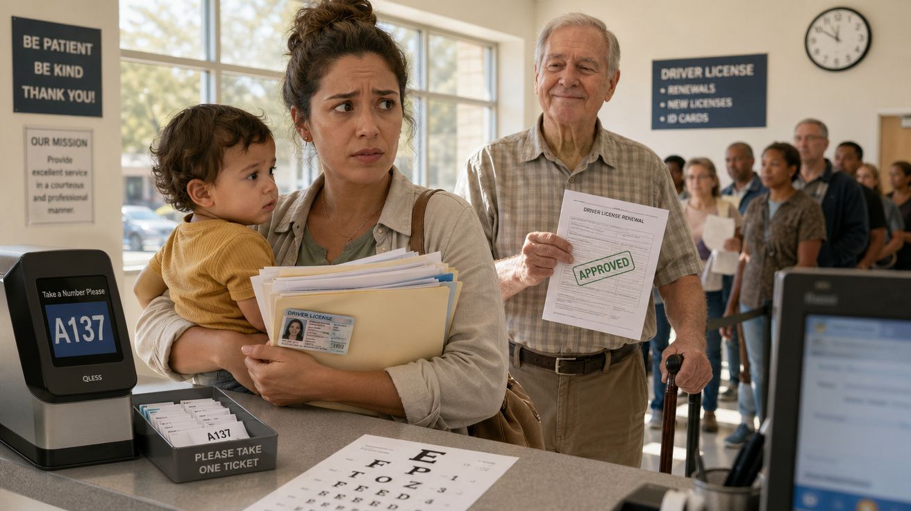 Mulher com criança ao colo espera na fila de um serviço de licença enquanto um idoso sorri com papel aprovado.