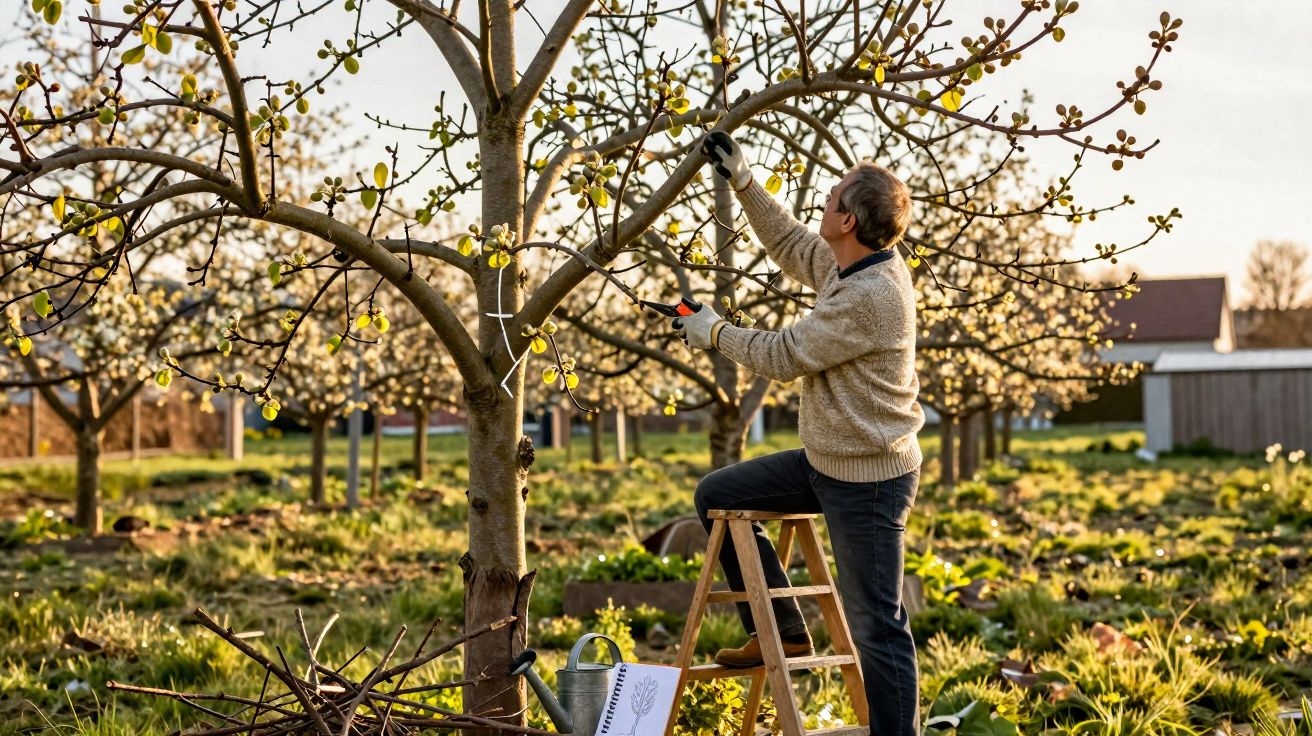 Homem a podar uma árvore florida no pomar durante o pôr do sol, usando luvas e escada de madeira.