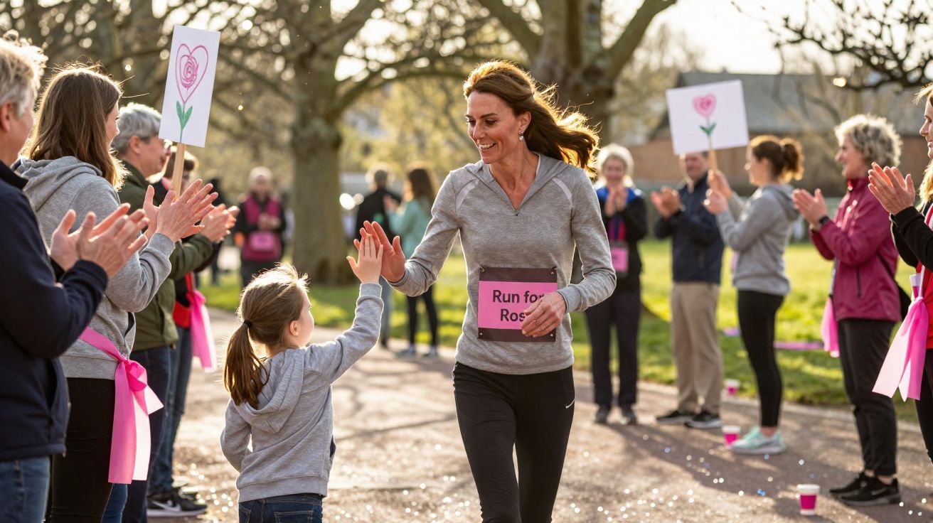 Mulher a correr numa prova solidária, a cumprimentar criança entre pessoas a aplaudir num parque.
