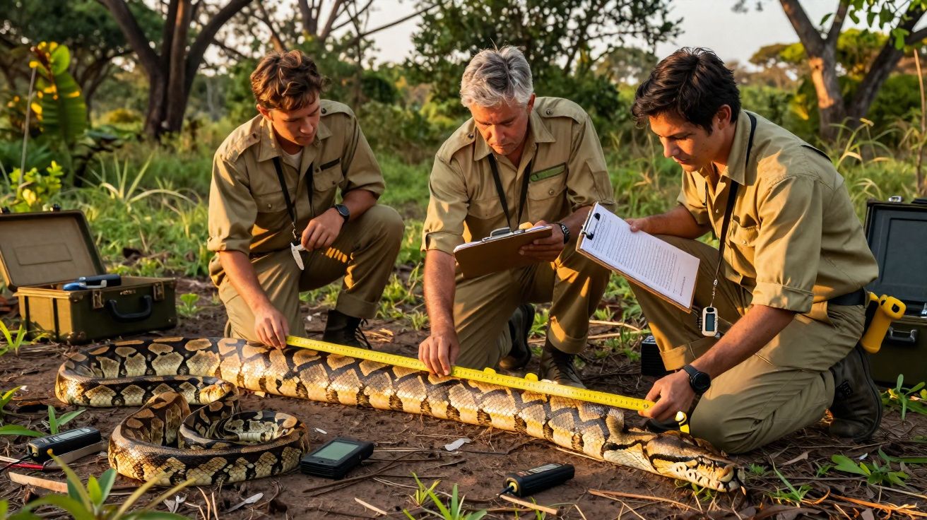 Três naturalistas medem uma grande píton no solo, rodeados por equipamentos, em ambiente natural ao entardecer.