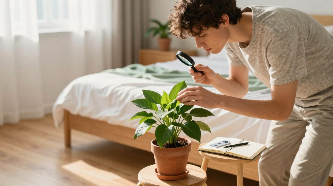Jovem examina planta em vaso com lupa num quarto iluminado, ao lado de um caderno aberto.