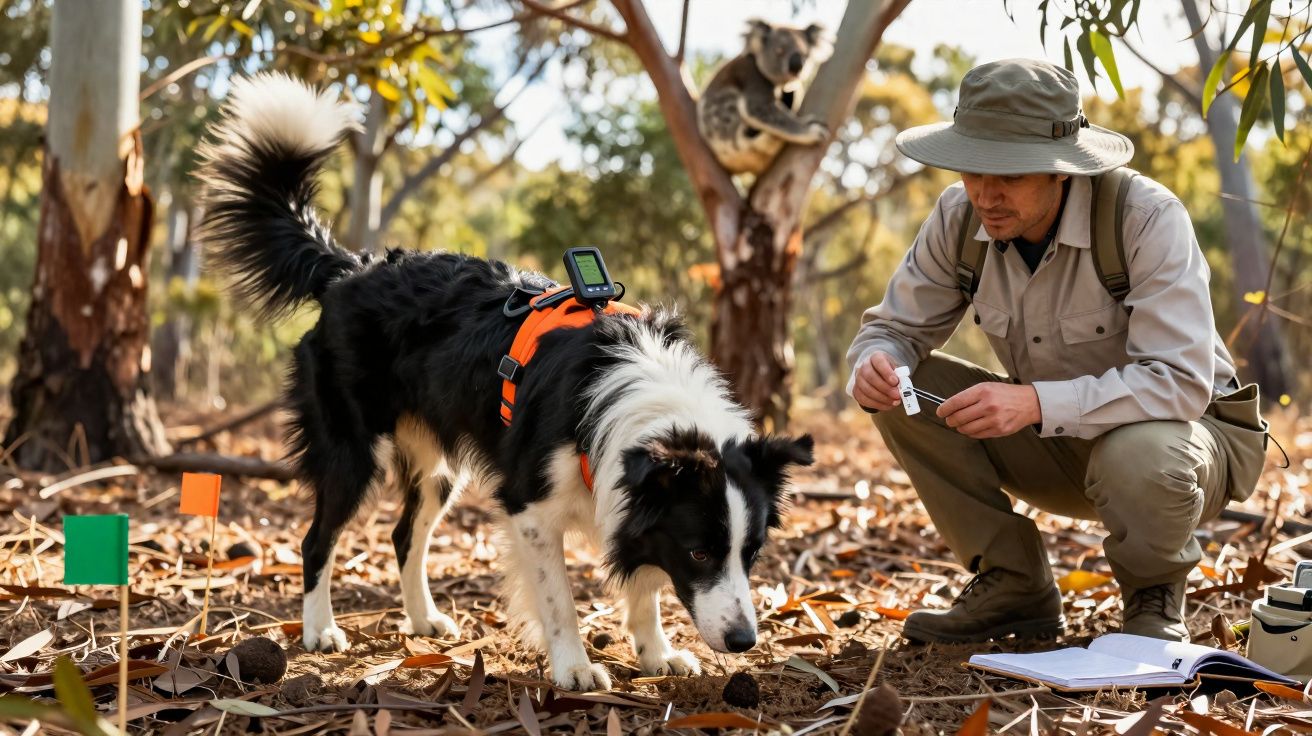 Homem com chapéu observa cão farejador com equipamento num bosque, com coala numa árvore ao fundo.
