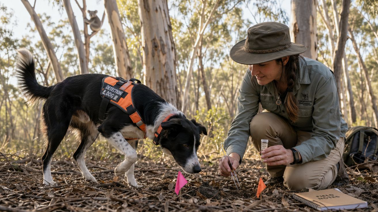 Mulher com chapéu e cão detetor a investigar marcas coloridas no chão numa floresta.