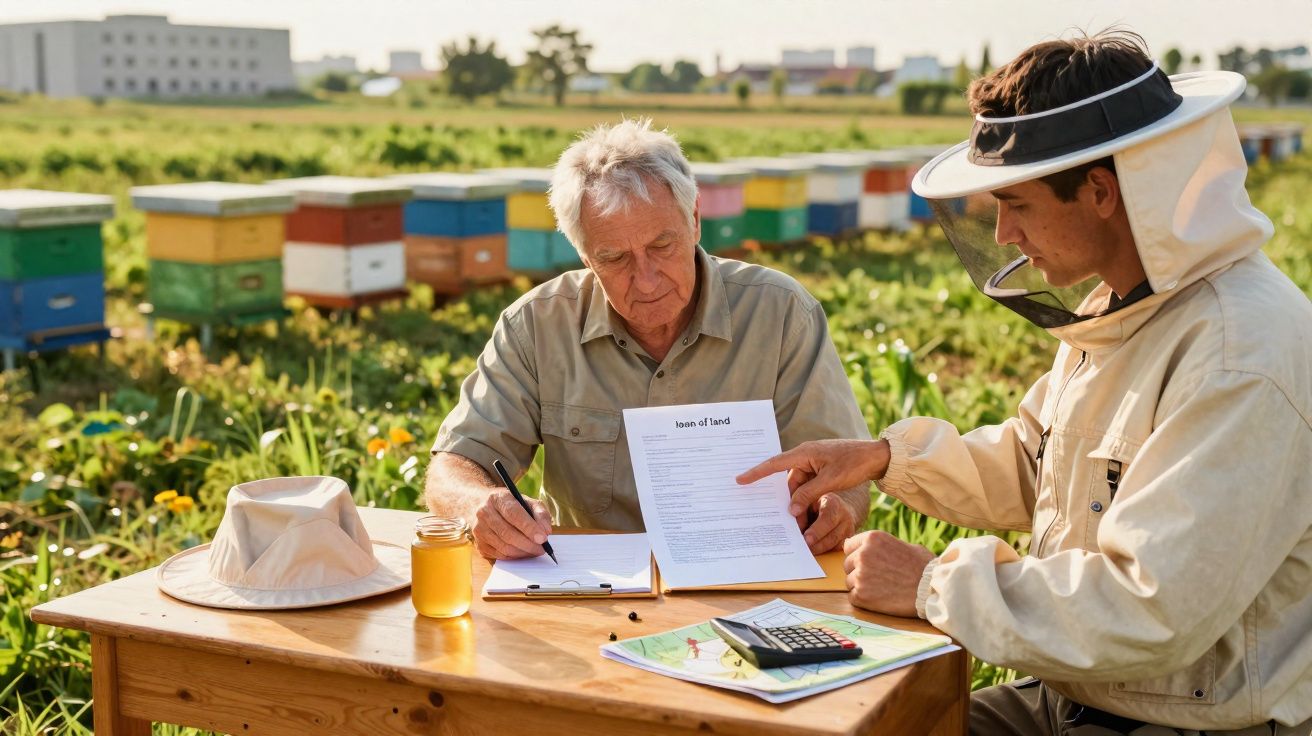 Dois apicultores discutem contrato junto a colmeias enquanto anotam informações num campo ao ar livre.
