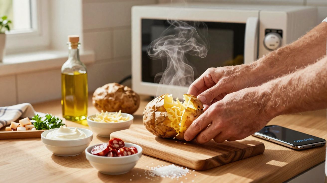 Mãos a abrir batata quente e a vapor em tábua de madeira com ingredientes na bancada da cozinha.