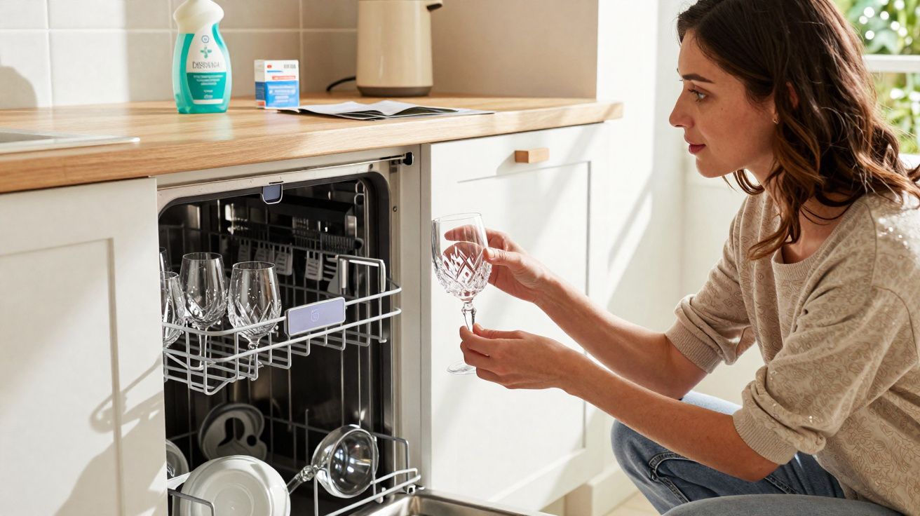 Mulher a retirar copo de vidro de máquina de lavar loiça aberta numa cozinha moderna.