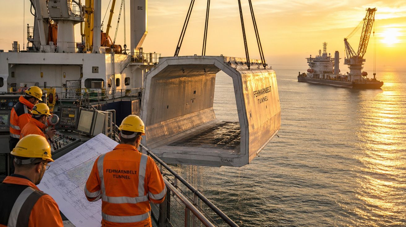 Trabalhadores com coletes e capacetes supervisionam instalação de secção do túnel Fehmarnbelt no mar ao pôr do sol.