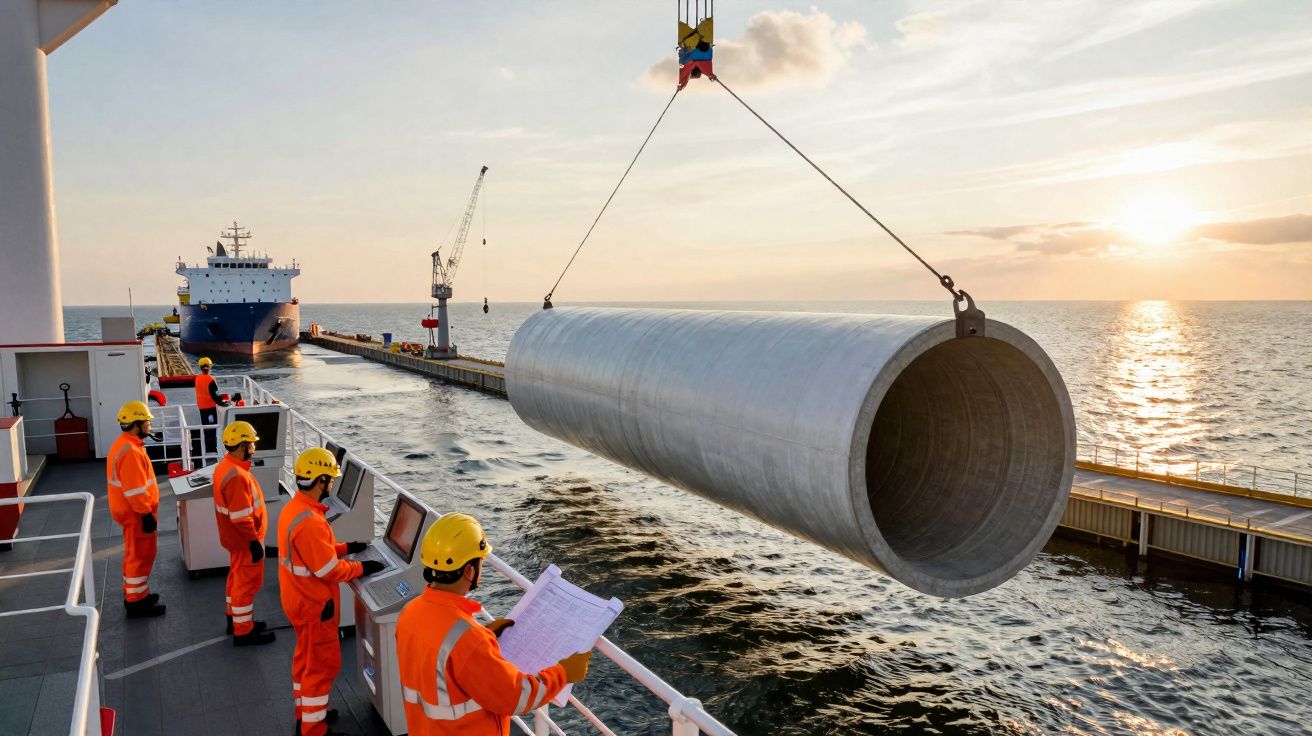 Trabalhadores com equipamento de segurança operam guindaste a transportar tubo metálico grande sobre água ao pôr do sol.