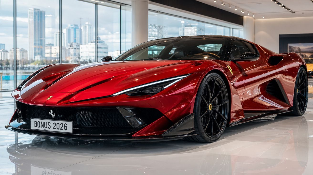 Carro desportivo Ferrari vermelho brilhante exposto num showroom moderno com grandes janelas.