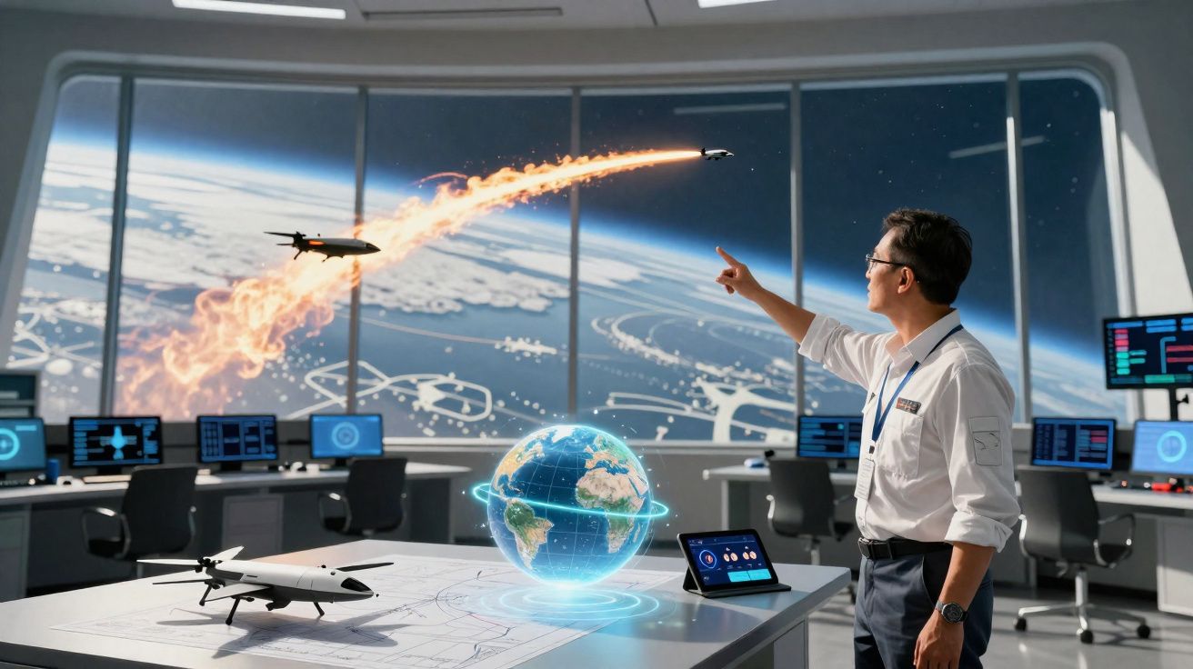 Homem em centro de controlo espacial a monitorizar meteorito em chamas próximo da Terra.