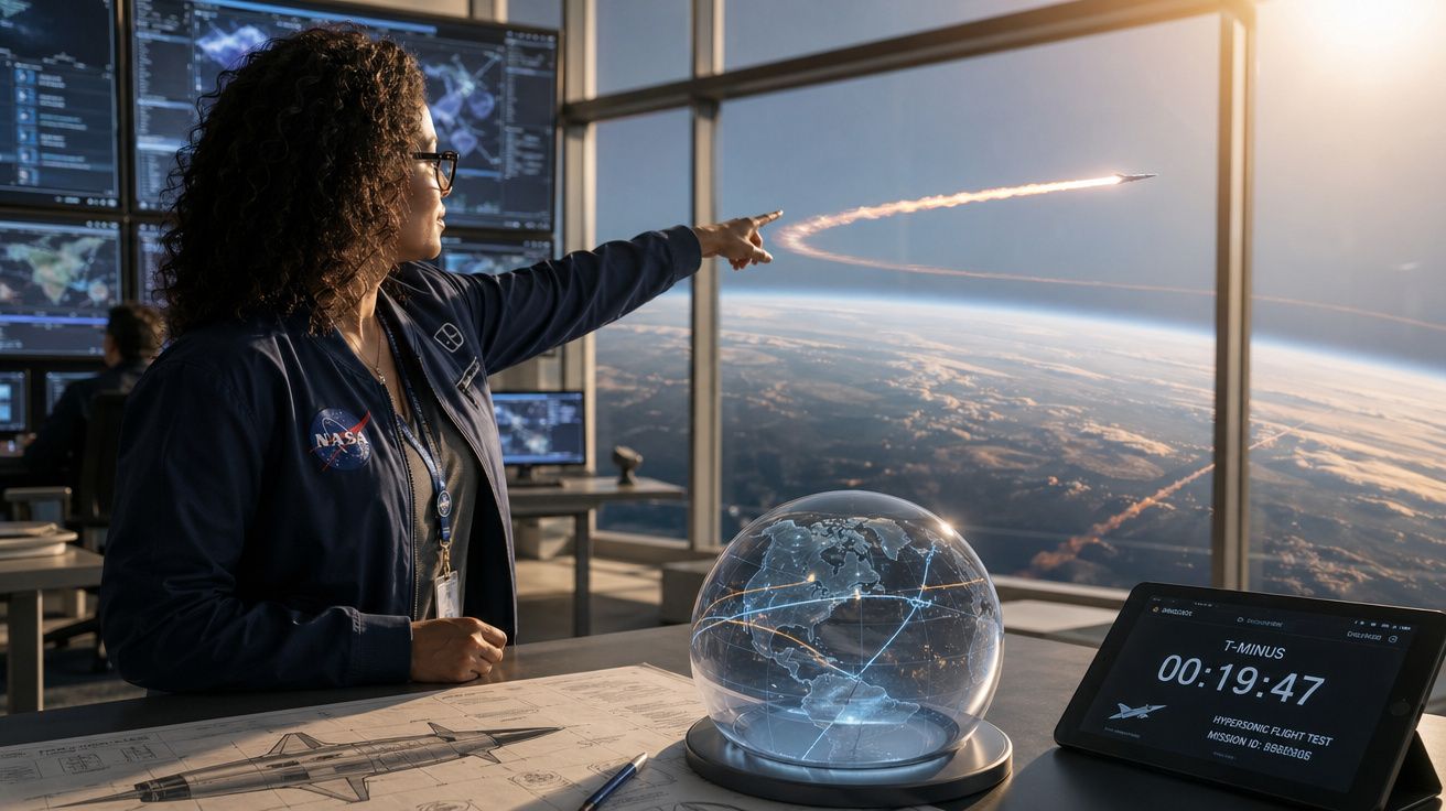 Mulher na NASA observa lançamento de foguetão e mapa holográfico do planeta Terra numa sala de controlo.