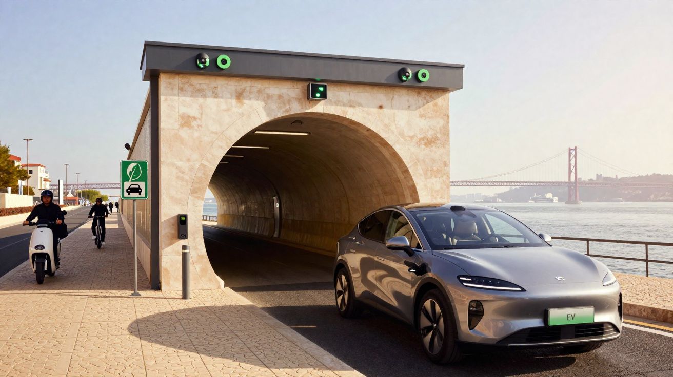 Carro elétrico cinzento a sair de um túnel junto ao rio, com ciclistas na ciclovia e uma ponte ao fundo.
