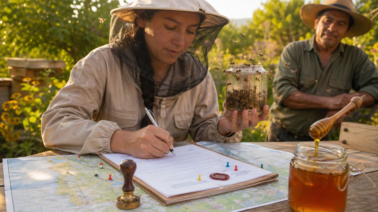 Mulher apicultora a registar dados com favo de abelhas na mão, homem ao fundo e frasco de mel na mesa.