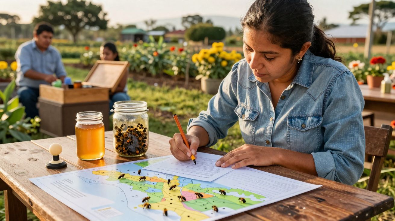 Mulher sentada a escrever num formulário, com mapa e abelhas numa mesa ao ar livre numa colmeia.