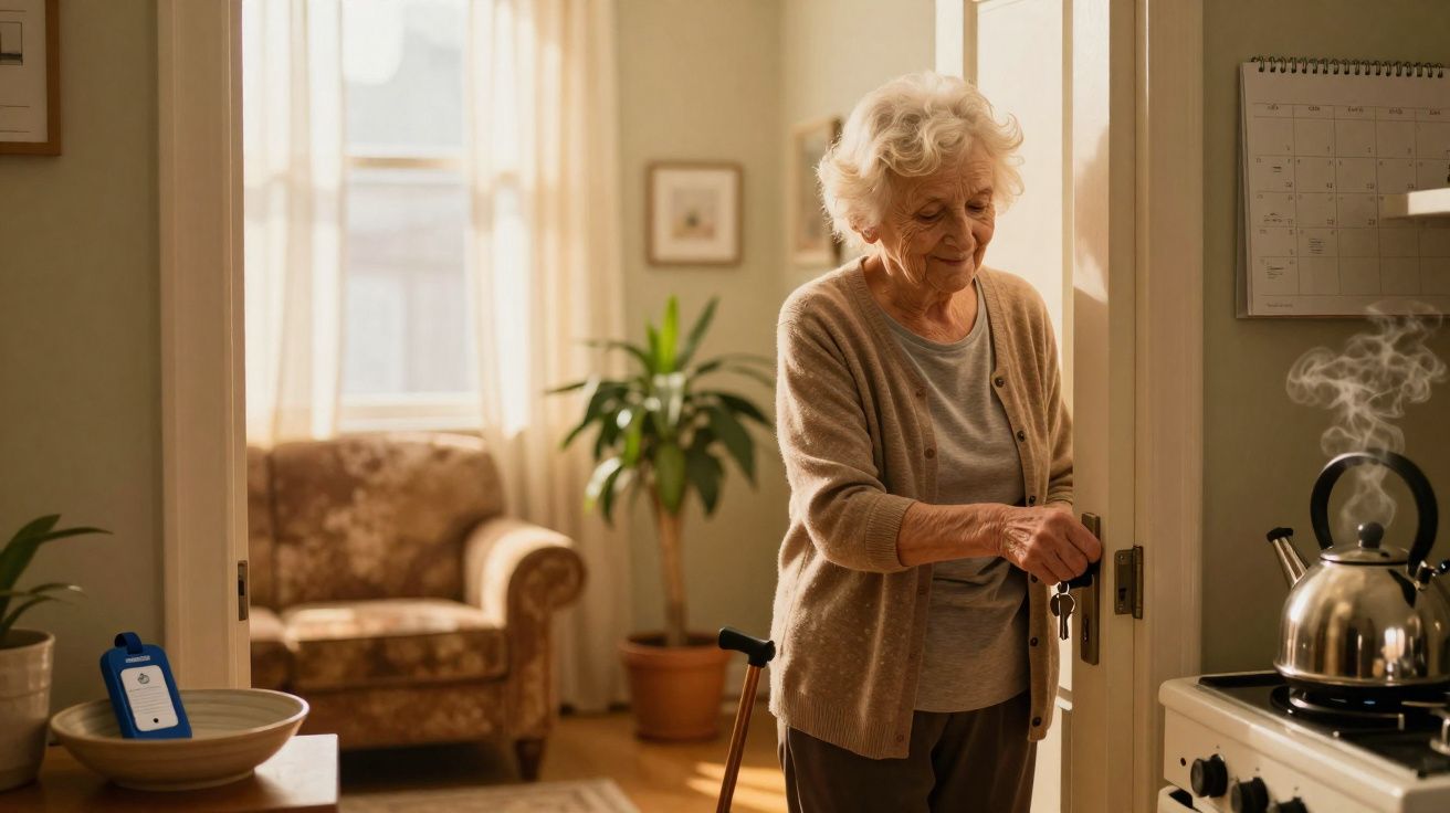 Idosa com cabelo branco e cardigan a abrir porta numa cozinha com chaleira a vapor no fogão.