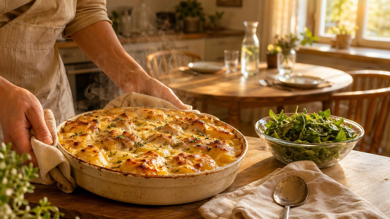 Pessoa a tirar um prato quente de batatas gratinadas do forno numa cozinha iluminada ao sol.