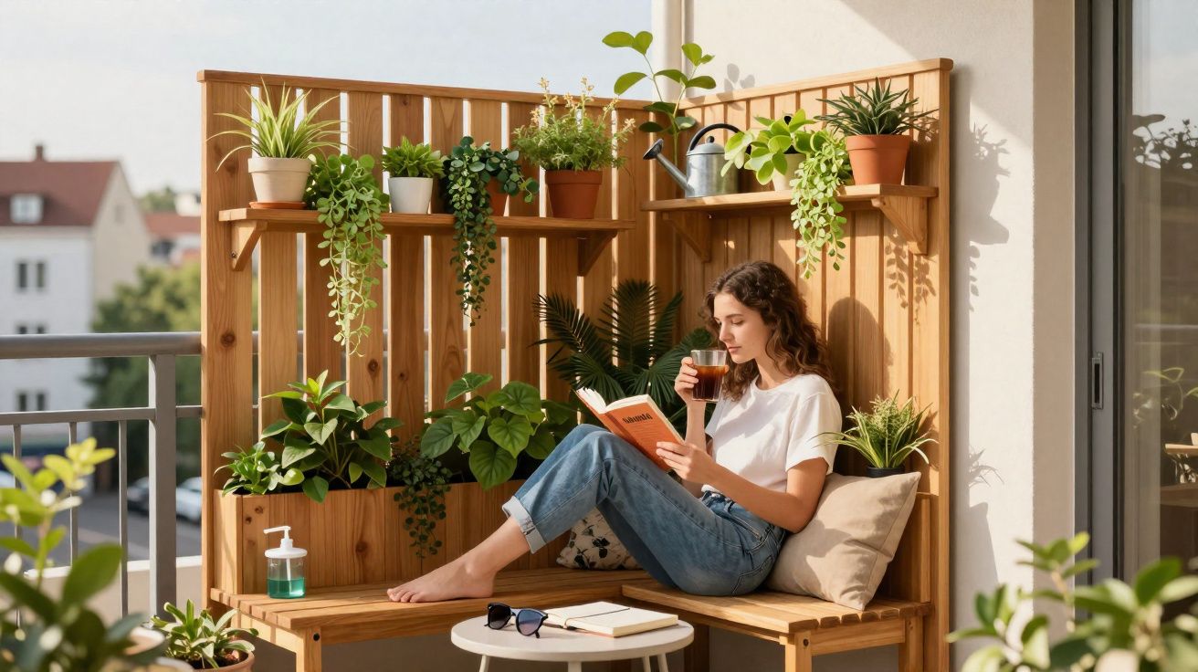 Mulher sentada num banco de madeira numa varanda, lendo um livro e a beber um chá, rodeada de plantas.