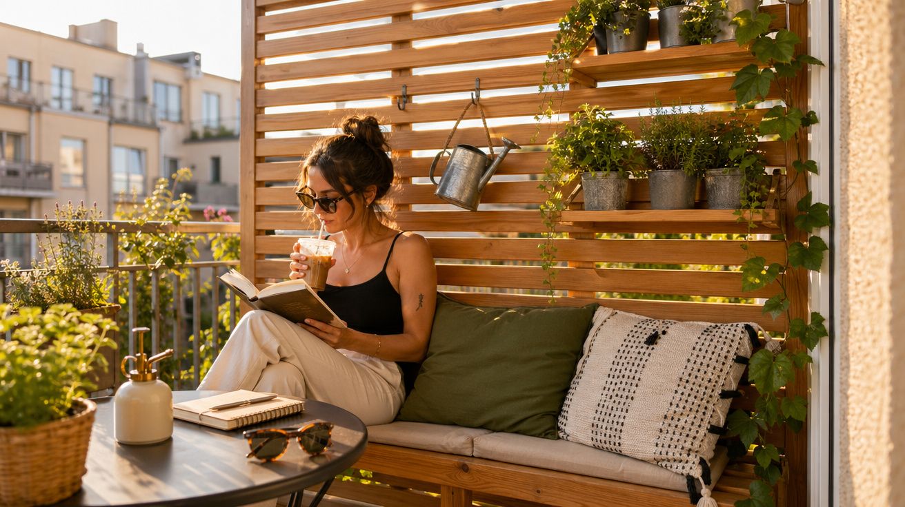 Mulher a ler e beber café gelado numa varanda com plantas e almofadas, em ambiente soalheiro.