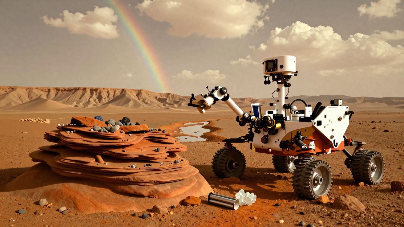 Rover exploratório num terreno marciano com formações rochosas e arco-íris ao fundo.