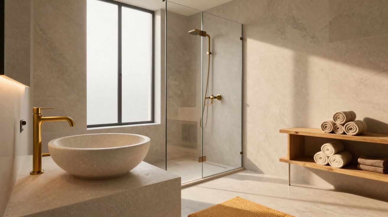 Casa de banho moderna com torneira dourada, lavatório em pedra, base de duche em vidro e toalhas enroladas.
