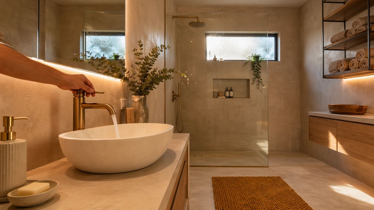 Casa de banho moderna com lavatório oval, torneira dourada, planta decorativa e poliban com vidro transparente.