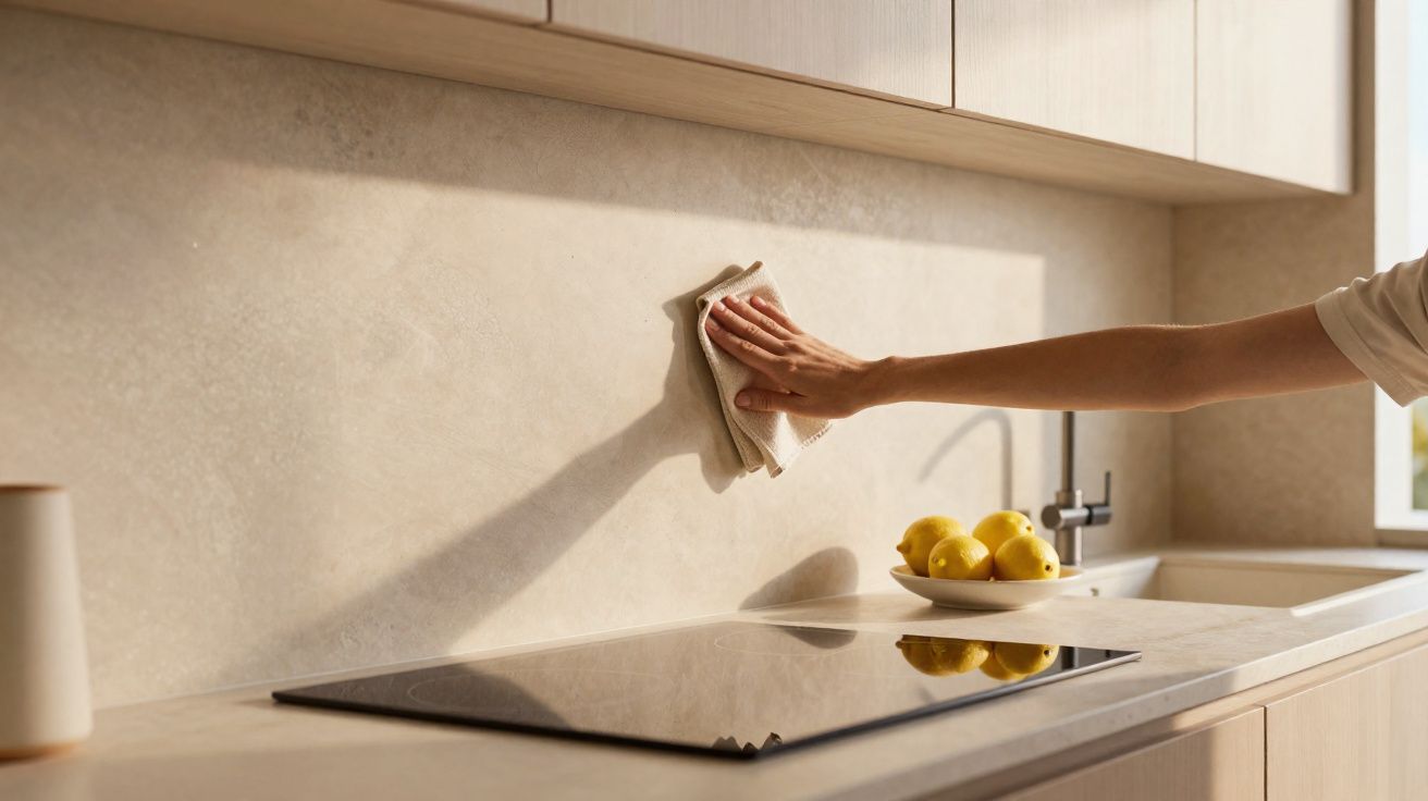 Pessoa a limpar a parede da cozinha moderna, bancada clara com placa de fogão e tigela com limões.