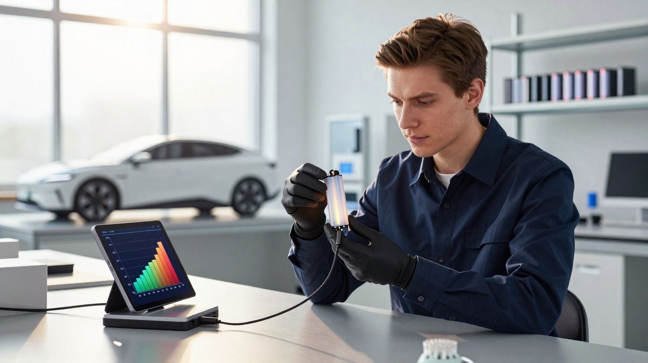 Homem a analisar célula de bateria numa oficina moderna com gráfico numa tablet ao lado.