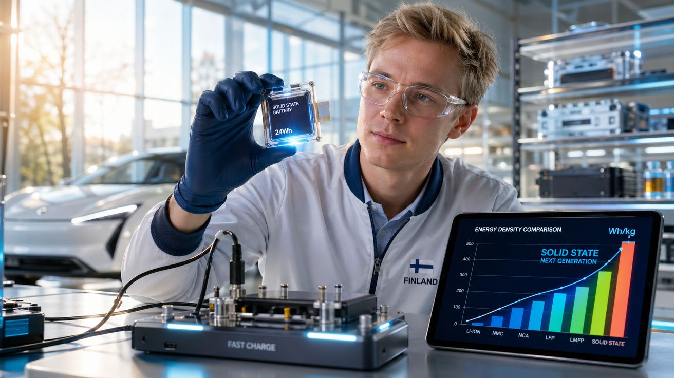 Cientista finlandês com bata e luvas segura bateria de estado sólido enquanto analisa gráfico de densidade energética.