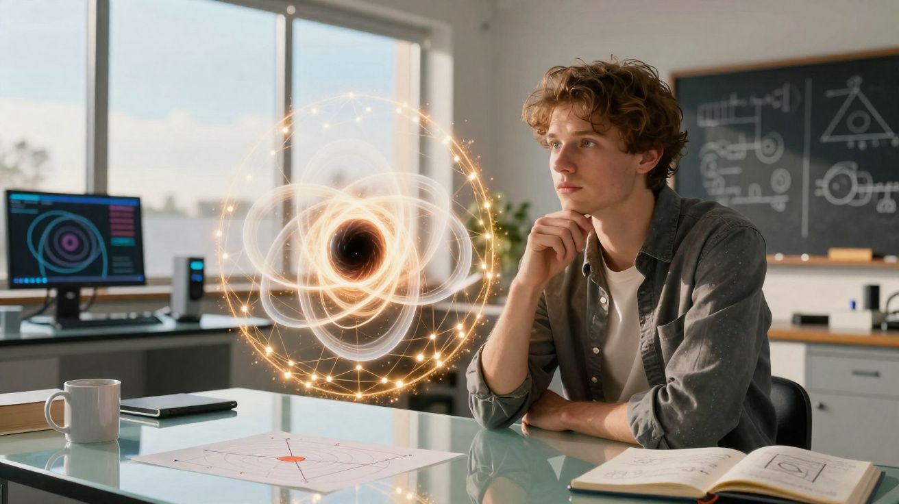 Jovem a pensar numa representação digital de um átomo luminoso ao lado de livros e papéis numa mesa.